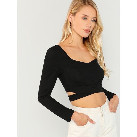 Shein Long Sleeve Black Wrapped Cutout Waist Crop Top - Picture 5 of 12